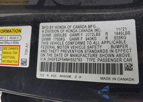 2022 Honda Civic Sport z USA, uszkodzony, nr VIN 2HGFE2F54NH552793